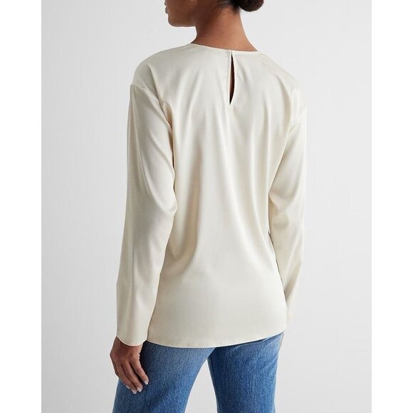 Express Womens Satin Long Sleeve Pleated Gramercy Tee Sandshell Size XS NWT $54 - Picture 3 of 16